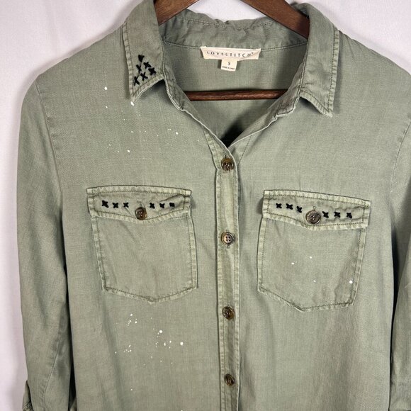 Lovestitch Womens Button Up Shirt Sz S Army Green Patches Paint Spatter Grunge - Picture 10 of 15
